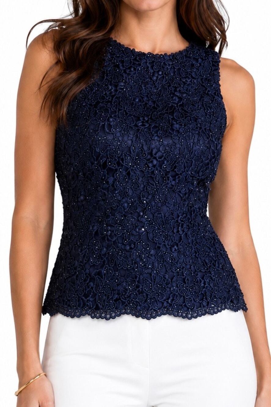 Carmen Marc Valvo Navy Beaded Lace Sleeveless Top Size 4 Evening Cocktail